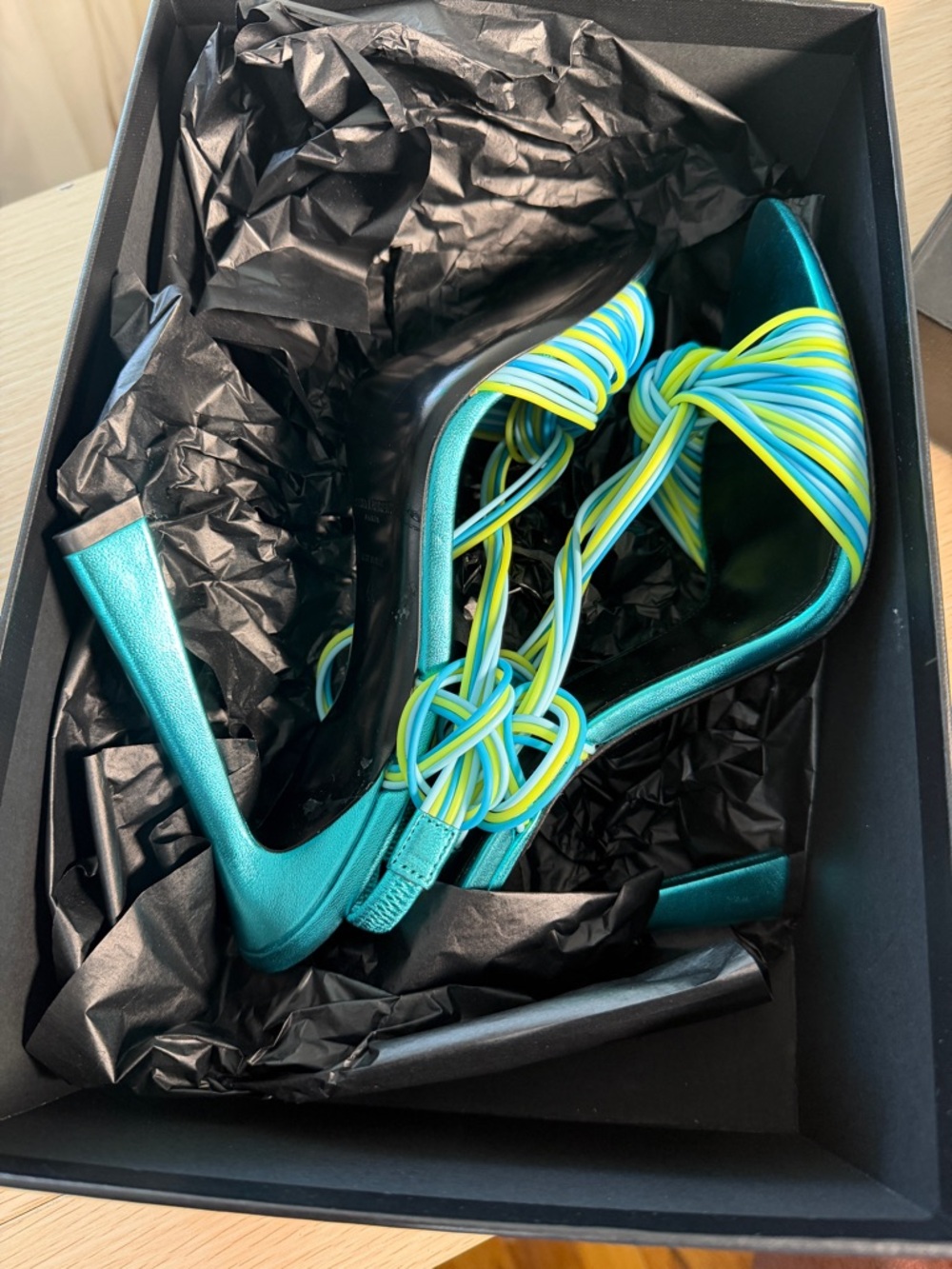 Saint Laurent Teal Sandal with Yellow & Blue Braided Straps - Picture 2 of 8